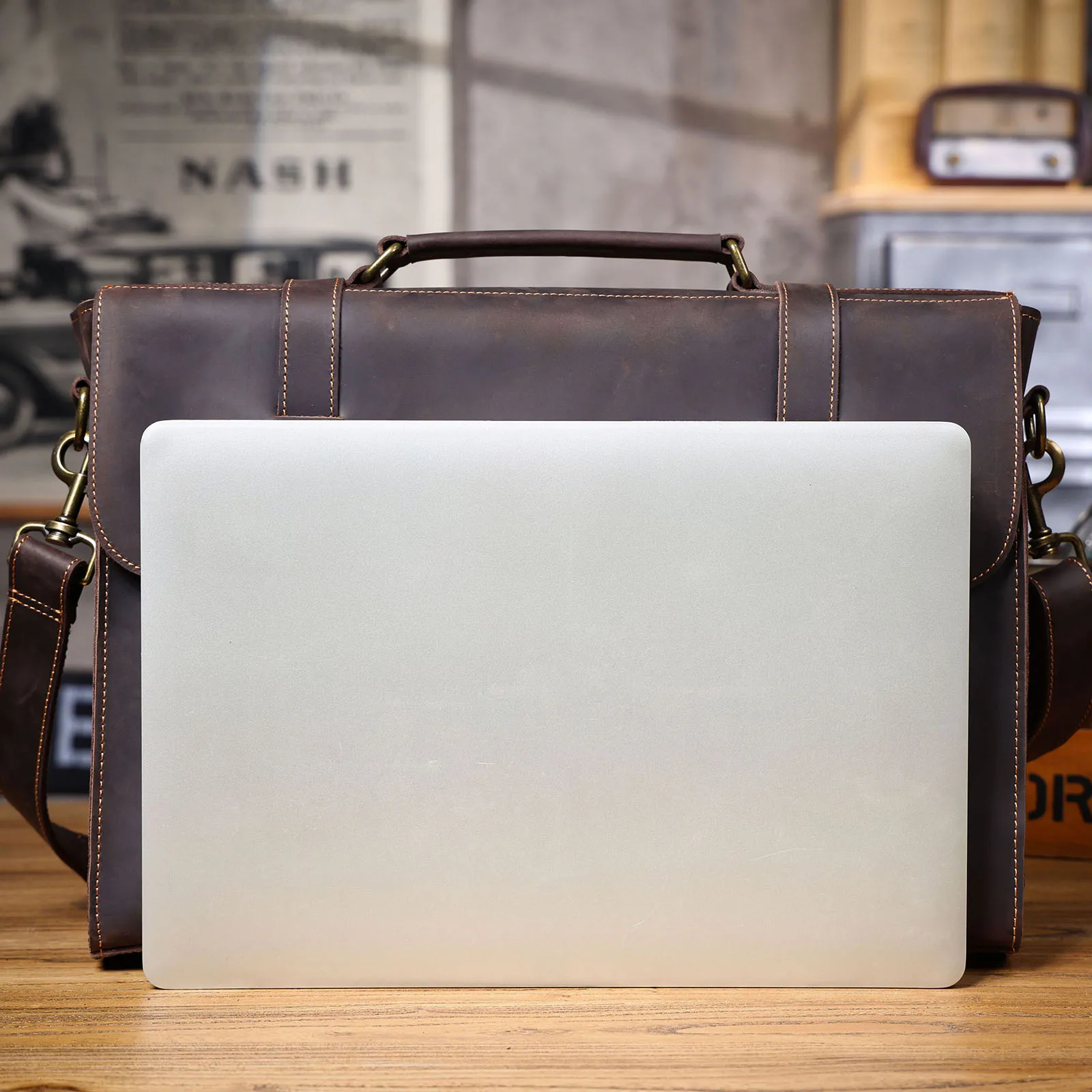 S.WORKER Vollnarbenleder 15" Laptop-Aktentasche Echtleder Herren Büro-Handtasche Messenger-Tasche Business-Bürotasche – Detail 20