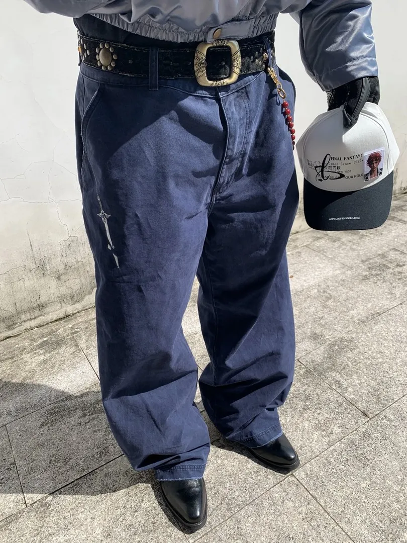 Vintage Washed Blue Straight Leg Loose Wide Leg Workwear Long Pants Men's Embroidered Utility Trousers Casual Loose Fit Jeans