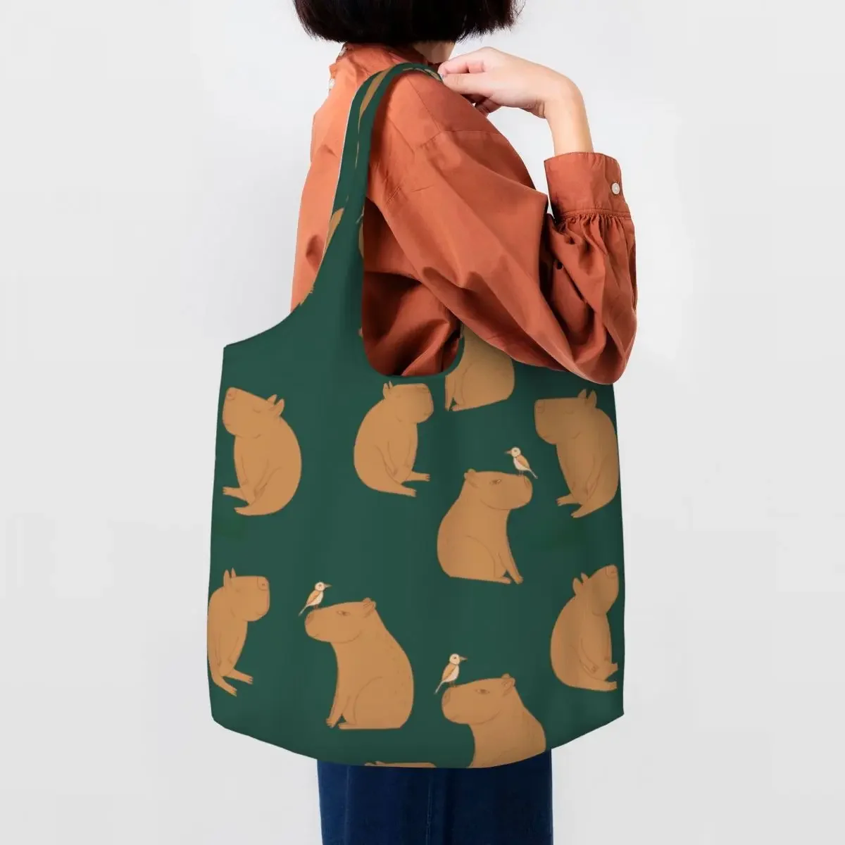 

Custom Reusable Capybara In Doodle Style Shopping Bag Women Canvas Shoulder Tote Bag Portable Grocery Shopper Bags Handbags