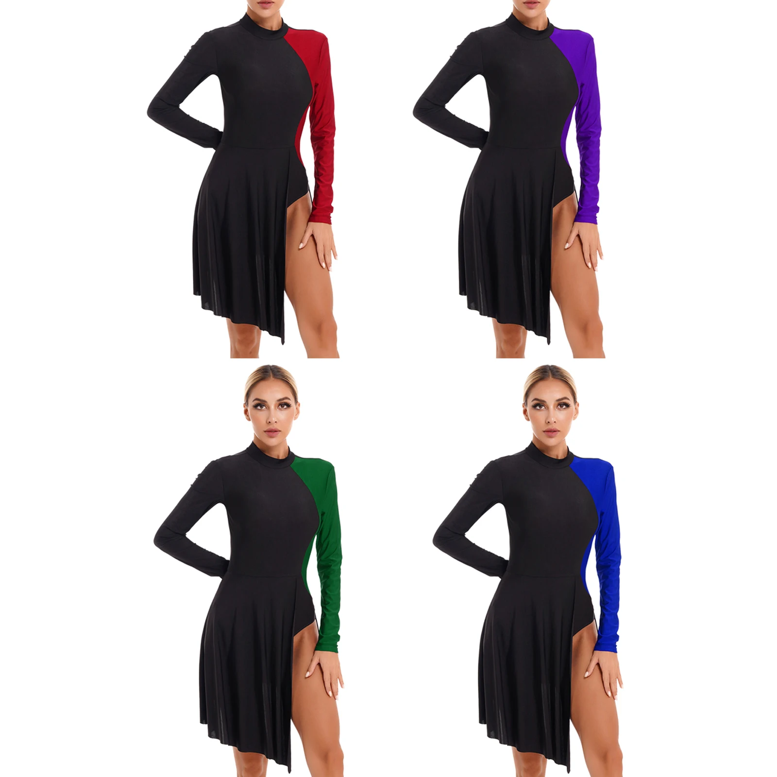 Womens Contemporary Lyrical Dance Dress Long Sleeve Color Block Figure Skating Leotard Dresses Modern Dancewear for Performance