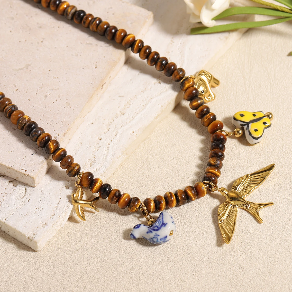 Vintage Multi Animal Charm Tiger Eye Bead Necklace Hand Painted Ceramic Butterfly Blue Porcelain Bird Pendant Gift view 4
