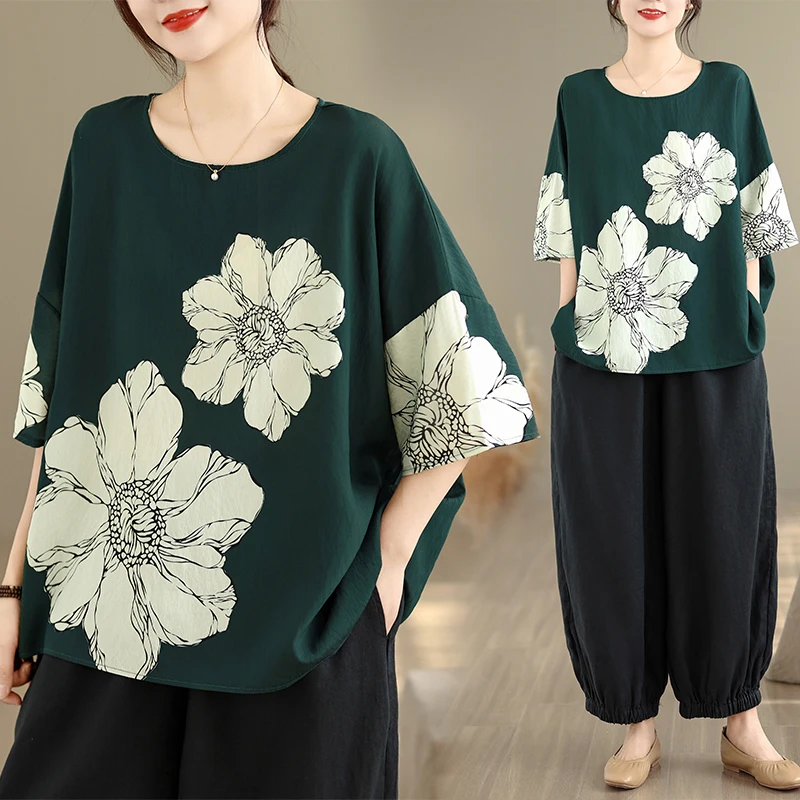 

New 2026 Spring Summer Loose round Neck Cotton Linen Ethnic Style Women's Top plus Size Base Shirt Comfortable Casual T-shirt