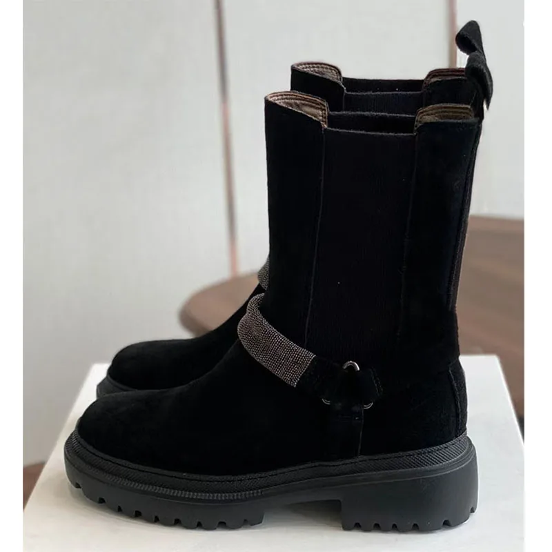 

High Quality Short Boots Women Round Toe Thick Sole Shoes Women Cow Suede Knight Boots String Bead Flat Motorcycle Boots Woman