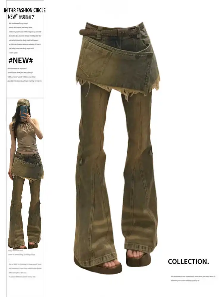

Women's Vintage Y2k Flare Jeans with Skirt Harajuku Baggy Denim Pants Japanese 2000s Style Denim Trouser Oversize Clothes 2025