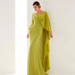 Vestido de noite feminino moderno, pena verde, babado, drapeado, sereia, mãe da noiva, comprimento até o chão, decote em v, vestido de festa de casamento