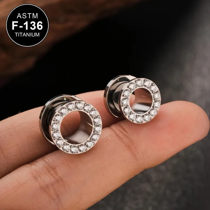 1PC Titanium Ear Tunnels Plugs Paved CZ Gem Ear Expansions Ear Gauges Stretching Kit Screw Back Flesh Dilation Ears Expanders