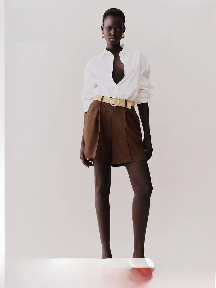 

H&M Women's Casual Pants Spring Belted Georgette orts Straight Leg High Waist Nylon Viscose Loose Fit Regular Thin