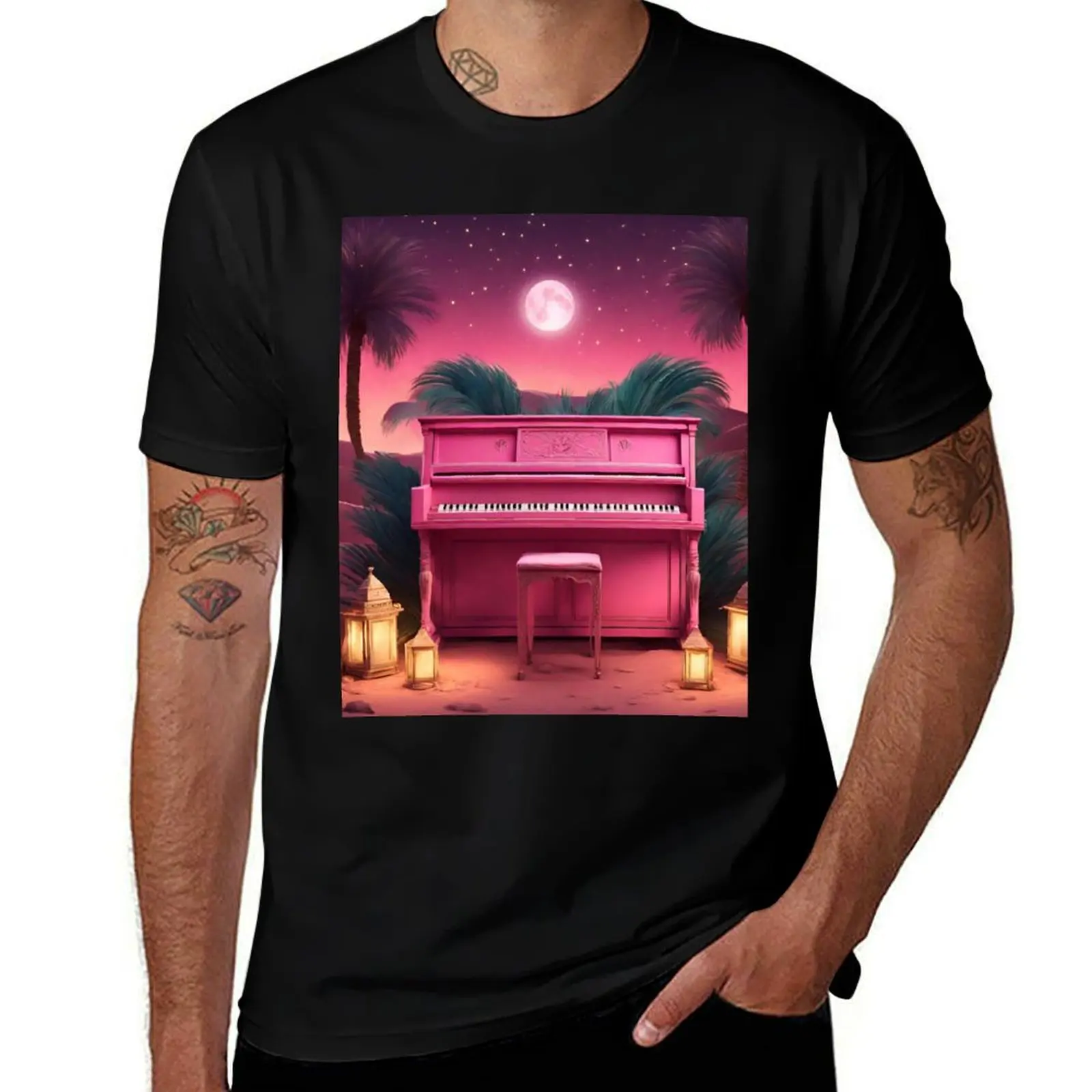 

Piano in the Egyptian desert with Pyramids, jungles, lanterns, ancient Rome T-Shirt t shirts for man cotton T-Shirt