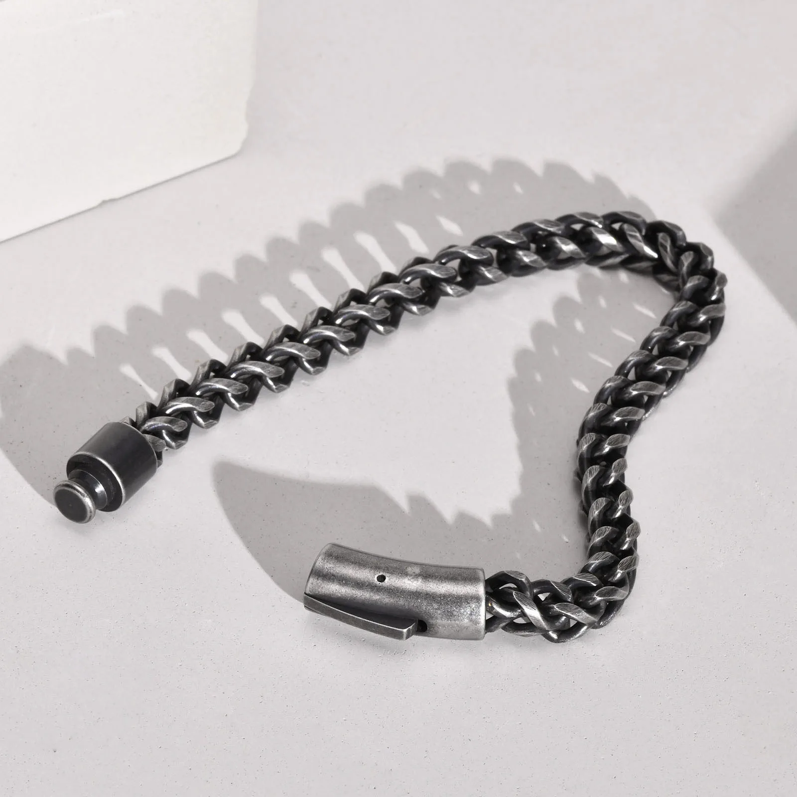 ULJ  Vintage Oxidized Black Box Link Chain Man Bracelets for Men Stainless Steel Punk Motorcycle Charm Male Hand Jewelry