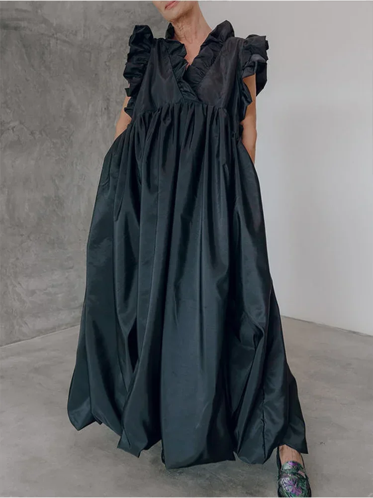 Women's V-Neck Pleated A-line Dress Loose Ruffle Pockets Sleeveless Vintage Fashion Dress for Female Summer 2026 Clothing