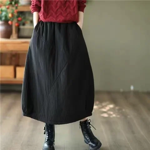 Careaymade New Autumn Winter Print Cotton Skirt Women Elastic Waist Thick Warm Long Skirts Female Loose Vintage Skirts