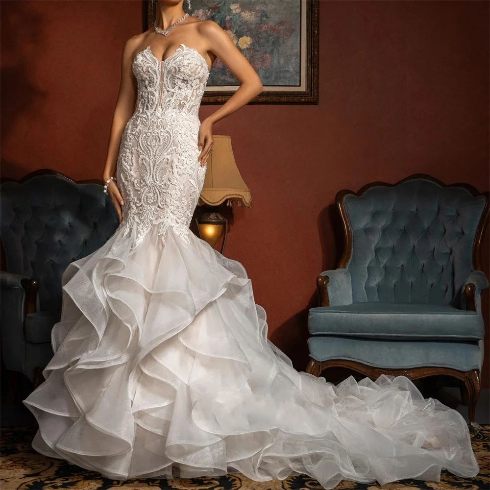 Lindo vestido de casamento sereia querida pescoço sem mangas sem costas vestidos de noiva apliques rendas varredura trem vestidos personalizados