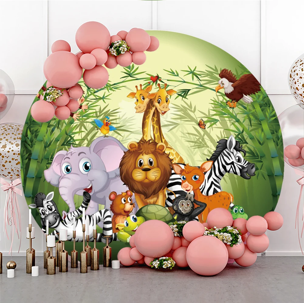 

Jungle Safari Animal Round Photography Backdrop Cover Baby Birthday Party Decor Kids Portrait Background Photo Prop Customized