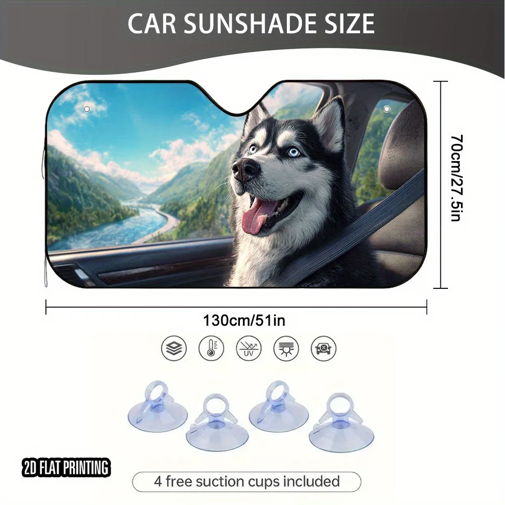 1pc 2D Flat Husky Bus Journey Print Car Sunshade – Keeps Your Car Cool Stylish, Foldable for Easy Storage, Easy Installation