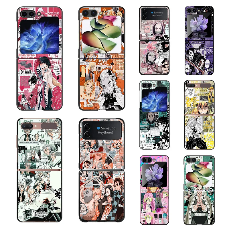 Phone Case For Samsung Z Flip 6 5 4 3 Galaxy ZFlip6 5G Flip5 Flip4 Flip3 Demon Slayer Comic Black Hard Camera Protective Cove