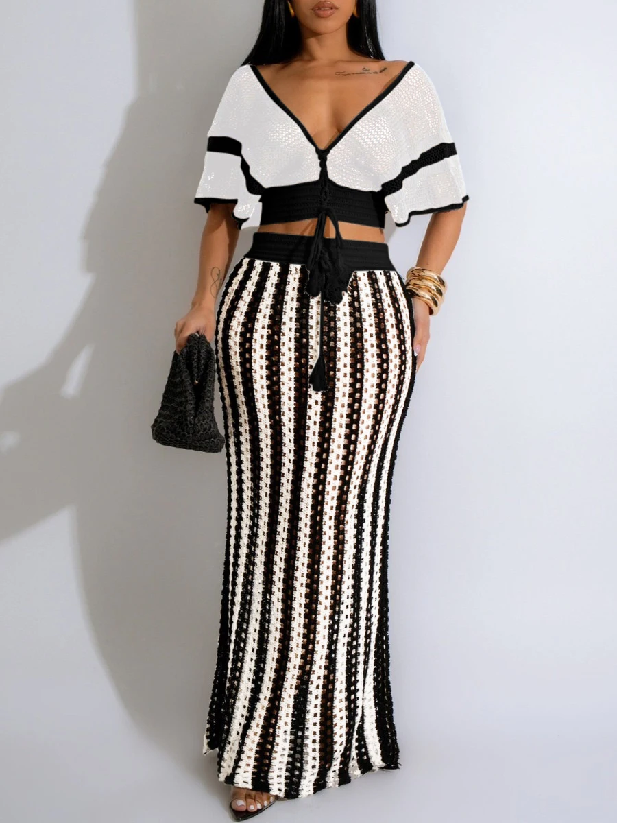 LW Backless Crop Top Striped See Through Skirt Set Women Fall Two Piece Outfits V Neck Half Sleeve Patchwork Two Piece