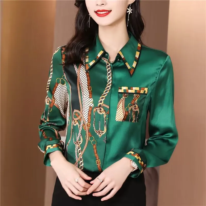 Silk Women\'s Shirts Satin Printed Vintage Blouses Loose Long Sleeves FASHION Spring/Summer Ladies Clothing New Polo Neck Tops