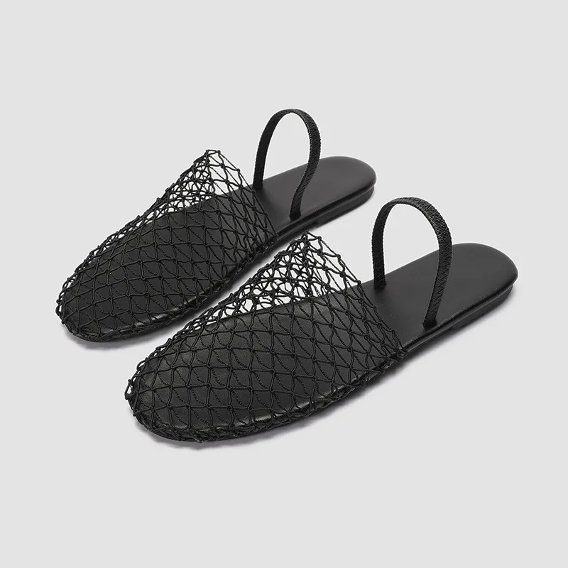 

2024 Black Hollow Out Flat Sandals for Women Casual Mules Comfort Breathable Flat Shoes Female Weave Sandal Flats