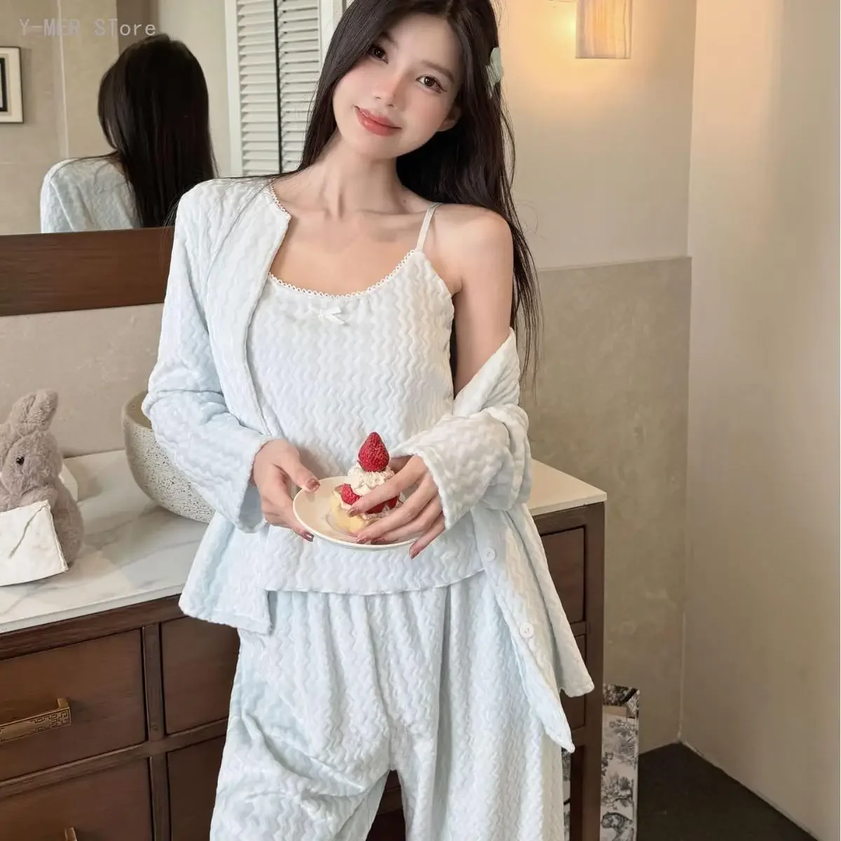 3PCS Set Women Autumn Winter Sweet Simple Island Velvet Pajama Set Long Sleeve Long Pants Soft Cozy Casual Girls Home Sleepwear