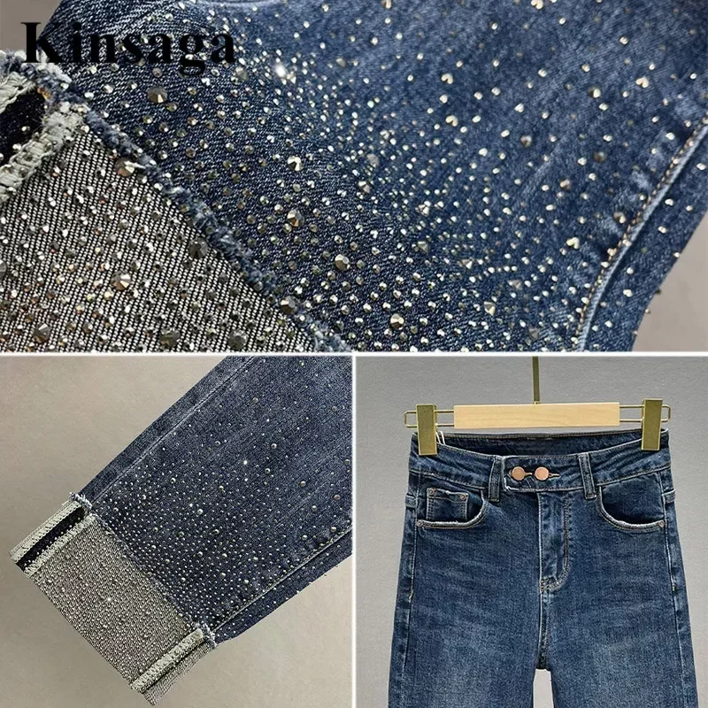 Basic Sequined Rhinestone Jeans Women Slim Fit High Waist Drilling Revers Ninth Stright Pants Female Ankle Length Demin Trousers