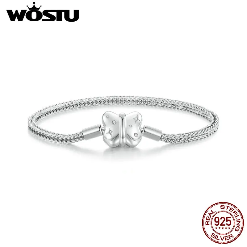 WOSTU Original 925 Sterling Silver Bowknot Basic Bracelet Zircon Plated White Gold For Women Birthday Party Gift Fine Jewelry