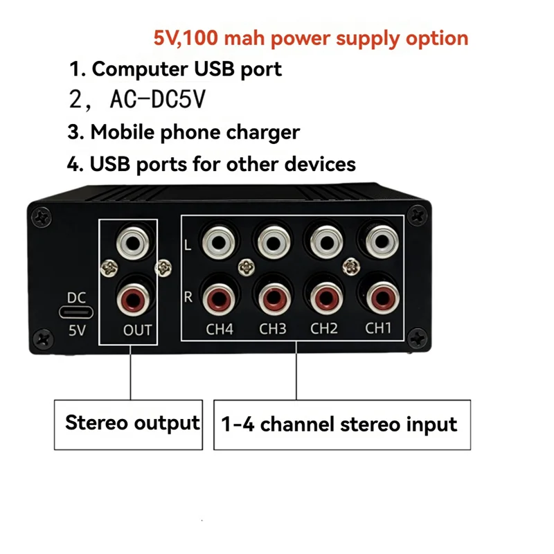 AA60-Stereo Audio Switcher 4 en 1 Ajuste de volumen Soporte de configuración de efectos de sonido de agudos y graves