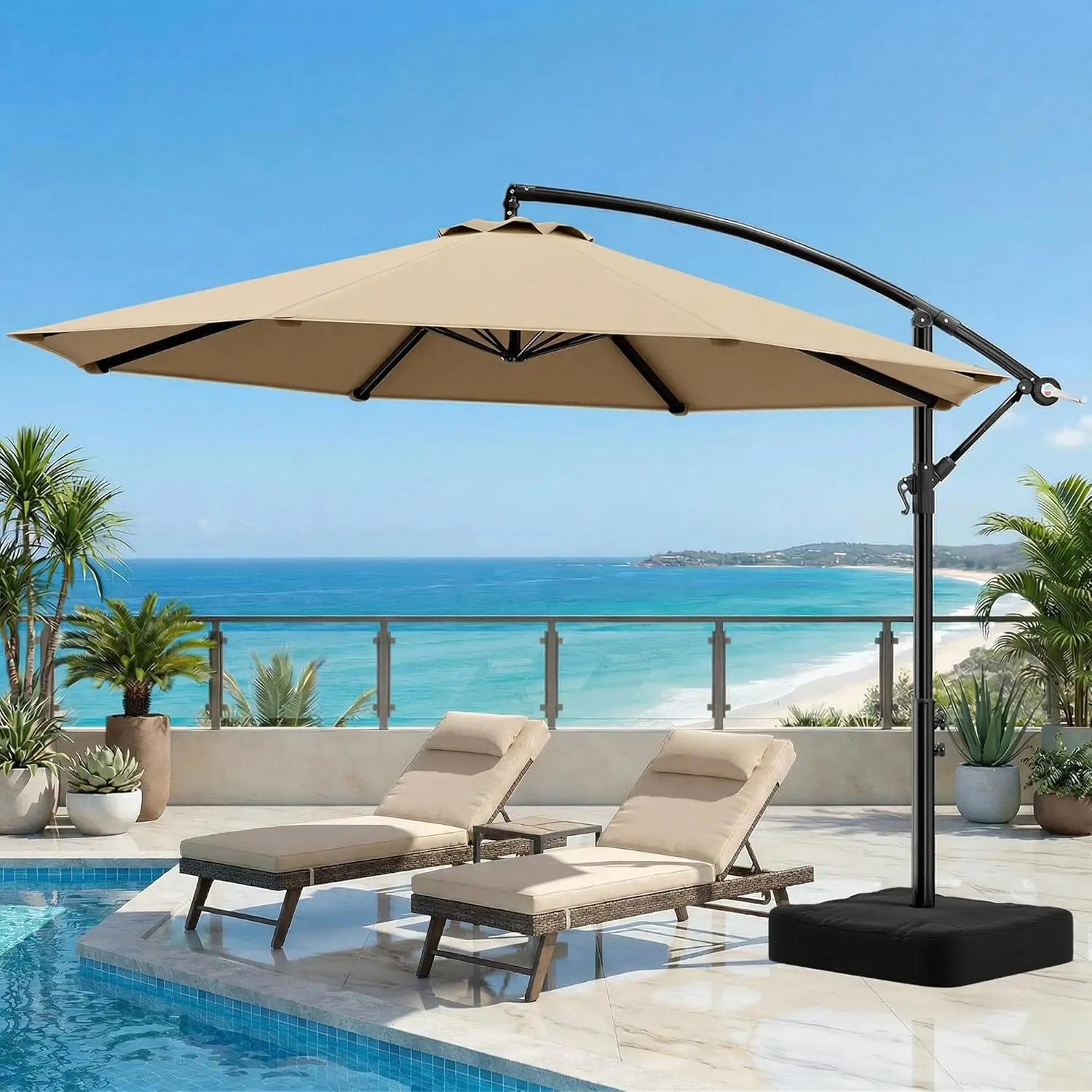 10ft Cantilever Offset Patio Umbrella with Base,Yarn-dyed Fabric,8 Ribs,360° Rotation & Tilt,Pool Deck Backyard,Beige,Custom