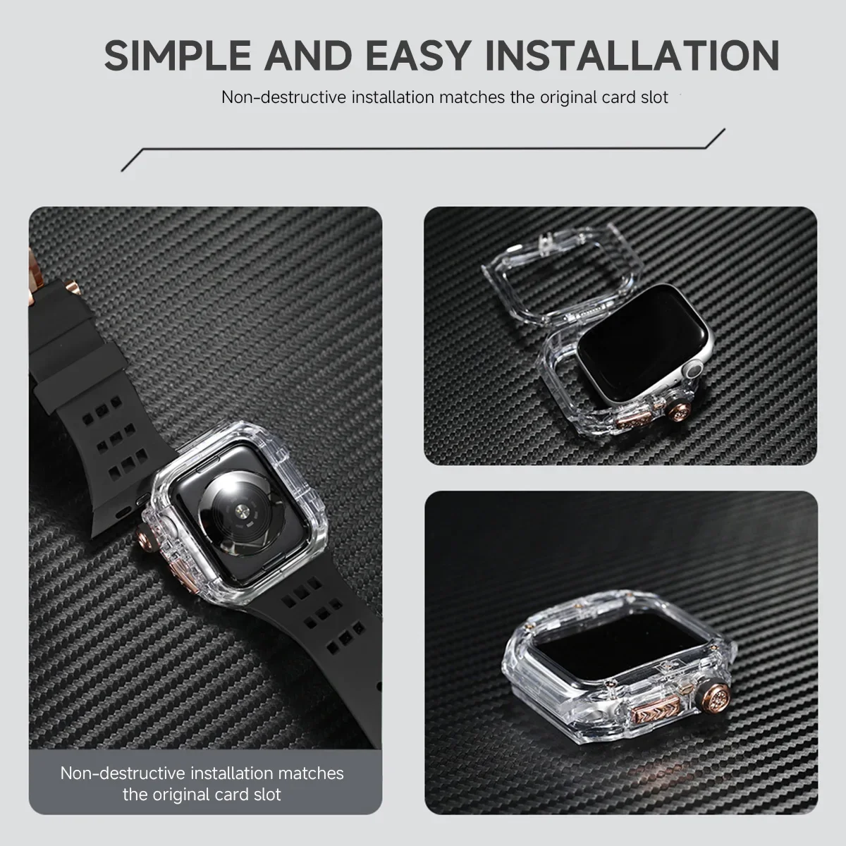 Luxury Modification Kit for IWatch Series 9 8 7 6 5 4 SE 45MM 44MM Transparent Case+Rubber Strap for Apple Watch 9 45mm Mod Band