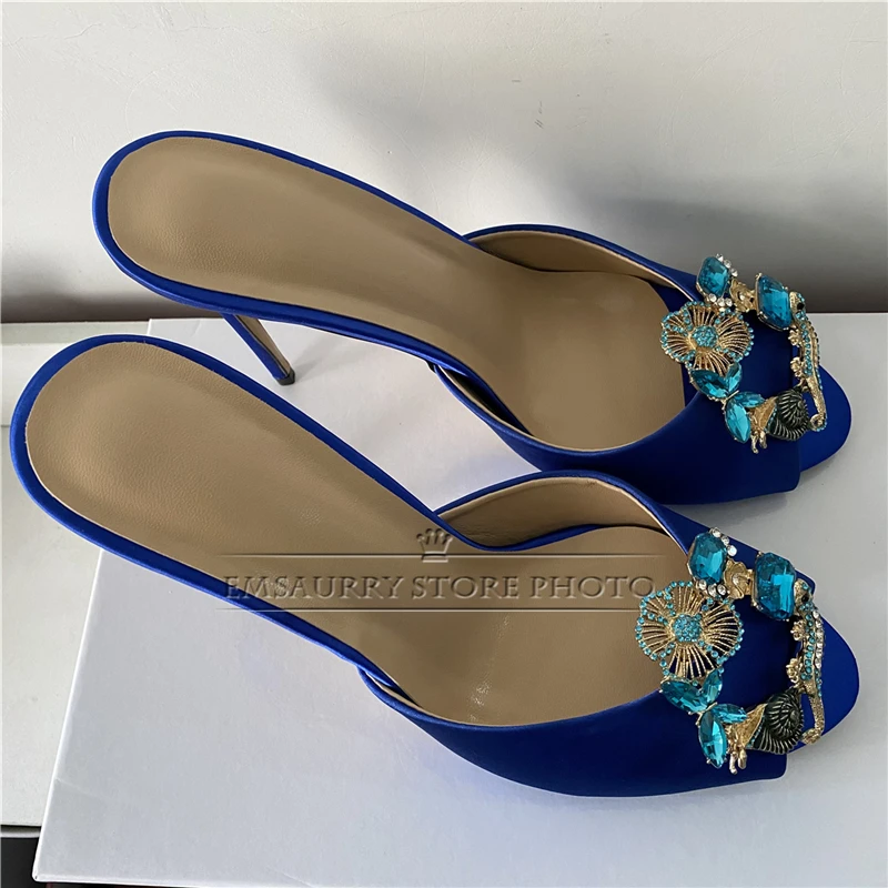 Metal Crystal Square Buckle Decor Summer Mules 10cm Stiletto Heel Open Toe Luxury Satin Runway Sandals Women