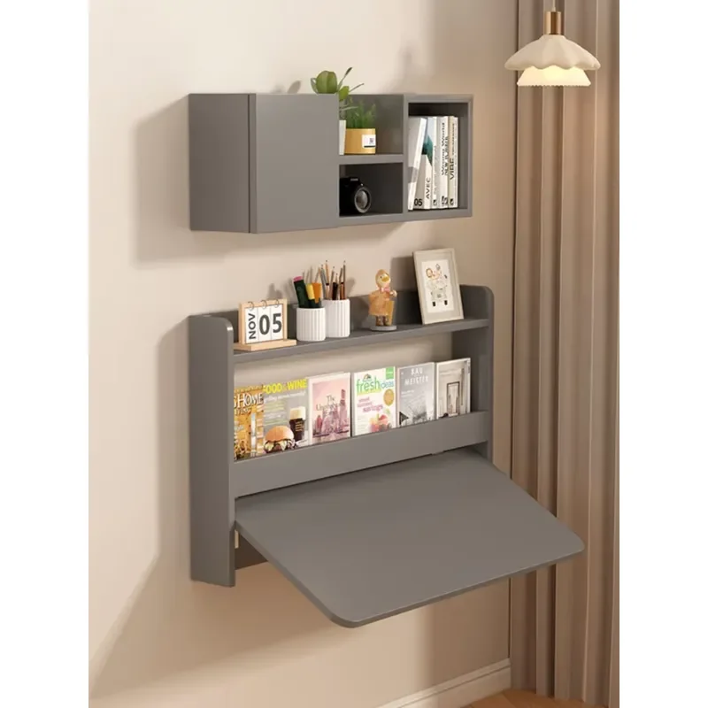Hanging Wall-Mounted Foldable Solid Wood Desk Bed End Bookcase Integrated Bedside Study Table