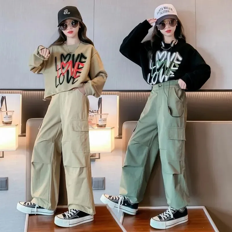 

2024 spring autumn Kids tracksuit Children set Girls Clothes loose T-Shirt + wide leg Cargo Pants Teenager 4 5 6 7 10 11 12 year