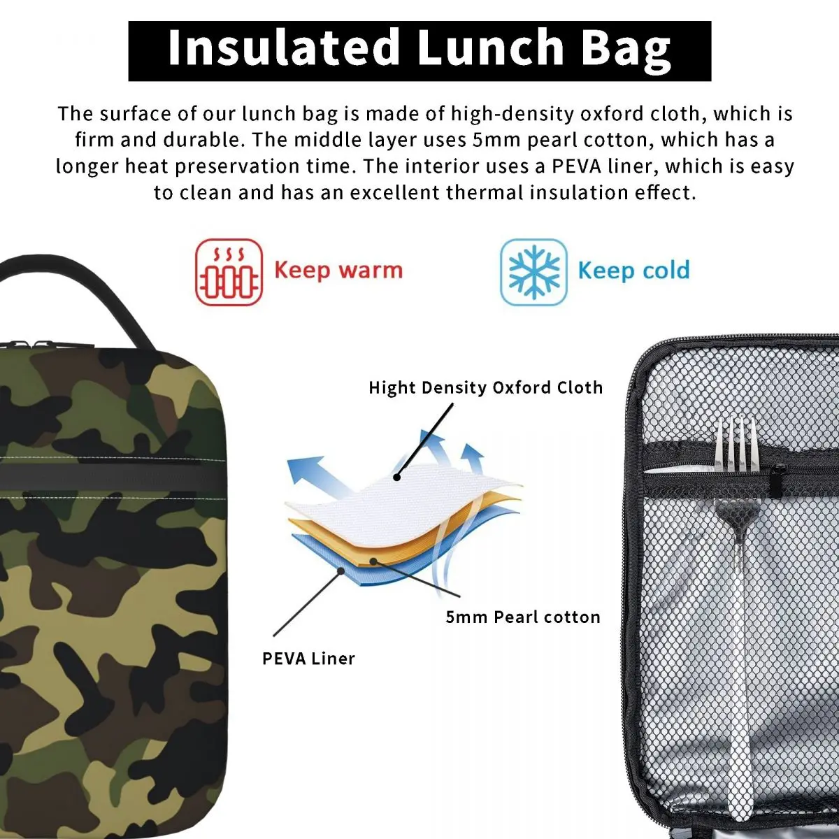 اللون الأمريكي التمويه نمط الغداء حقيبة للنساء علب الاغذية مضحك حقيبة تبريد السفر المحمولة مقاوم للماء حمل أكياس الغذاء