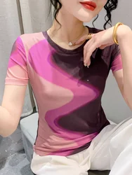 Summer Female Printed Mesh T Shirts Women O Neck Short Sleeve Tee Shirts Lady Elegant High Stretch Slim Top BH9915