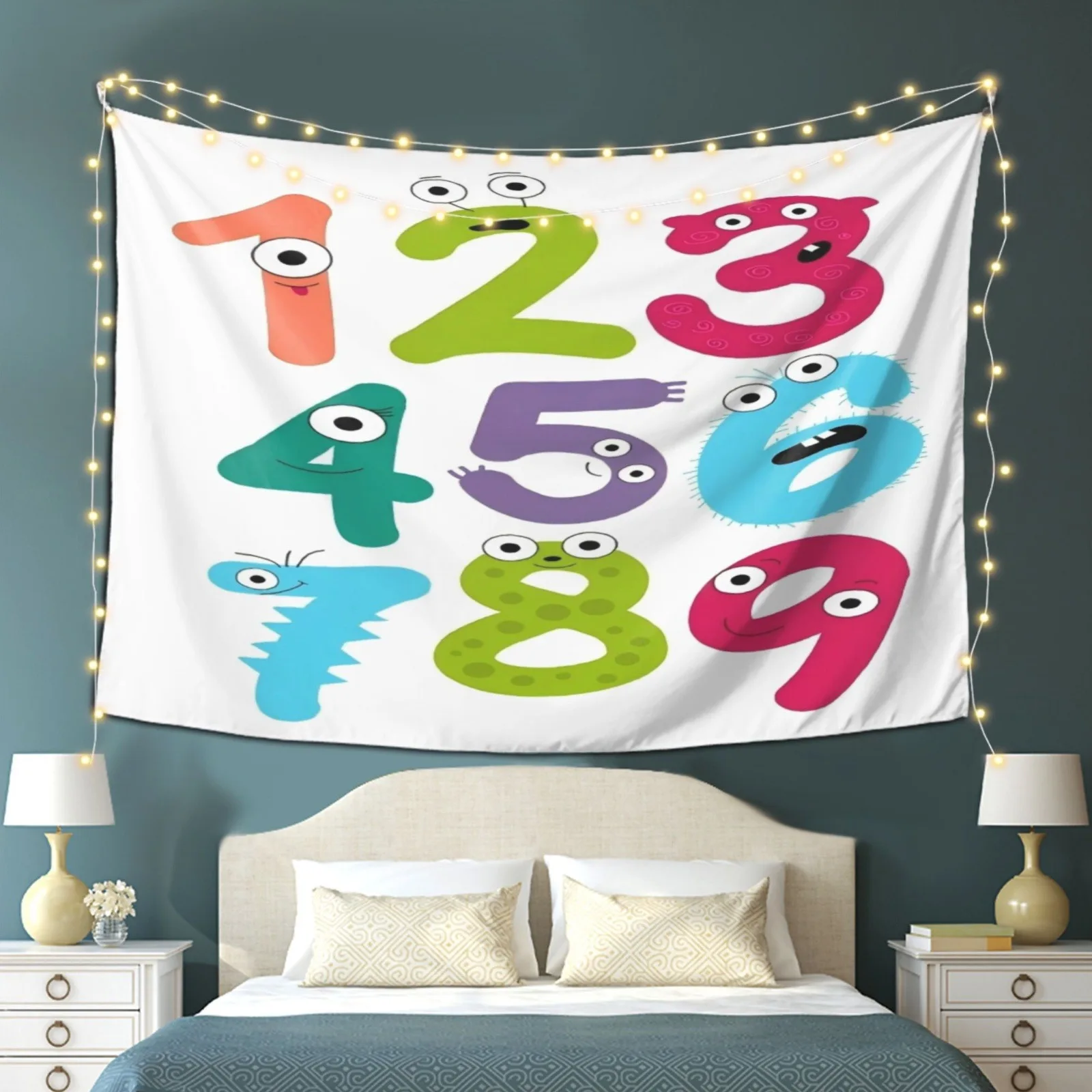Funny Number Tapestry, Cartoon Math Art Wall Hanging, Colorful Digits Decor, Kids Room Learning Backdrop, Cute Nursery Poster