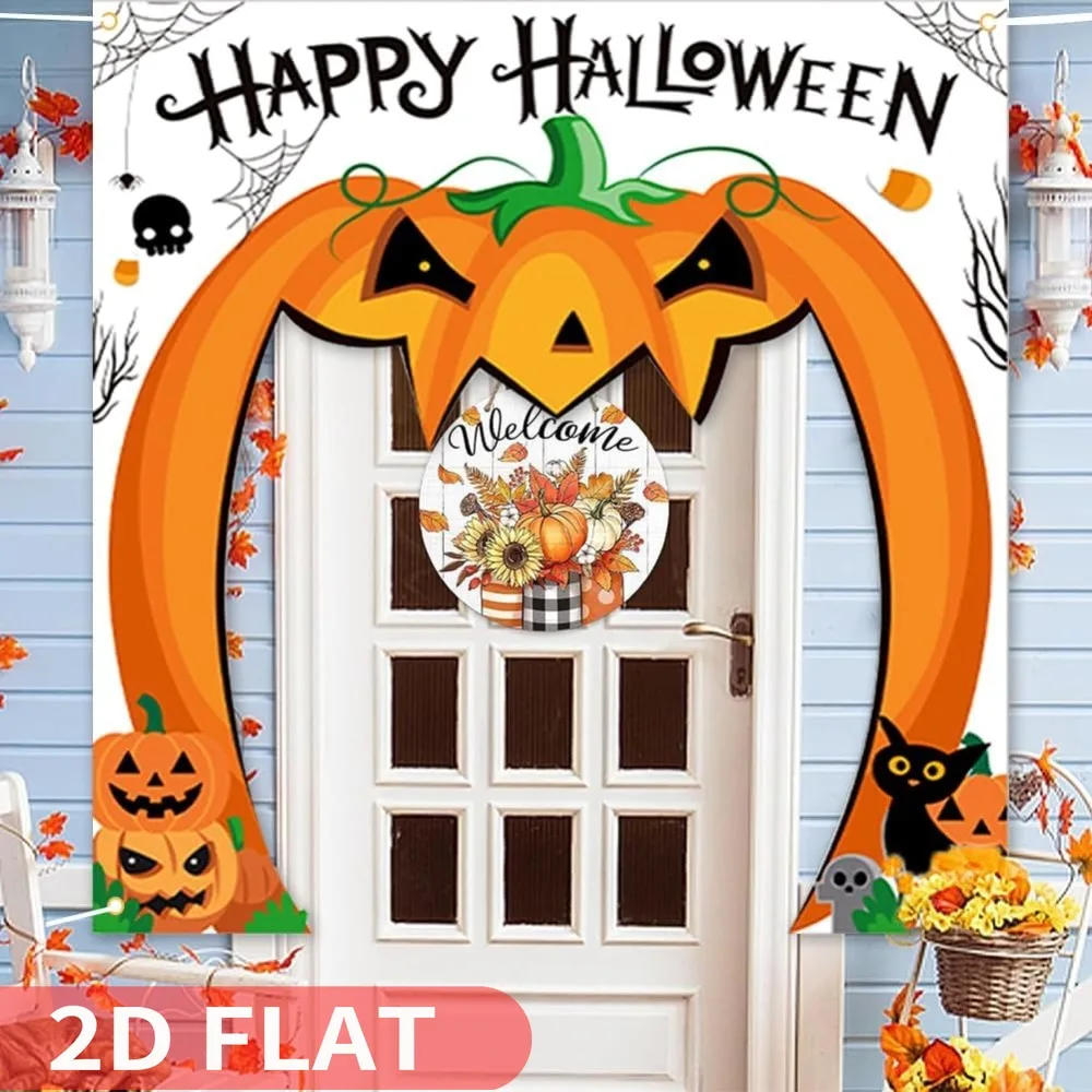 1 Stück 2D FLACHE Kürbis-Design-Türbanner, ideal für Halloween-Party, hängende Türdekoration – großes Stoffschild zum Aufhängen