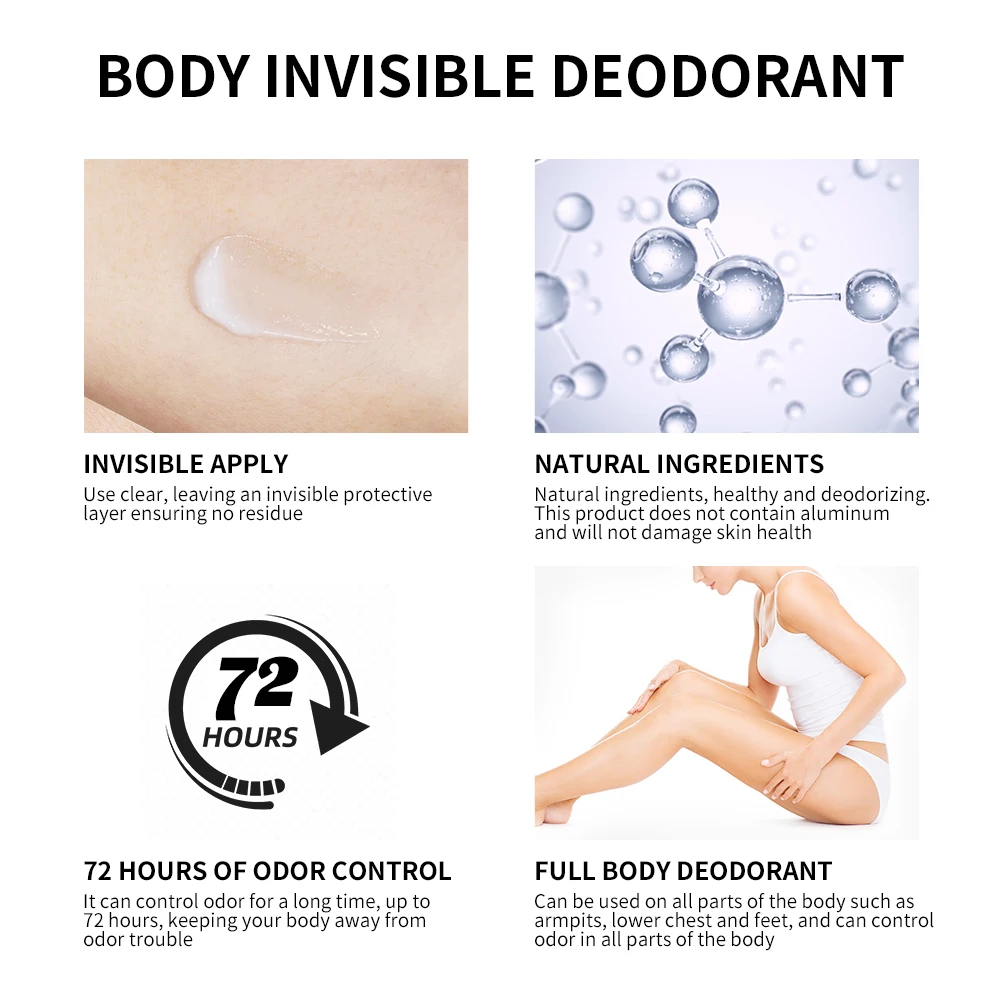 Lakerain Body Invisible Deodorant 72h Long Lasting Odor Control Aluminum-Free Natural Ingredients Full Body Healthy Deodorant