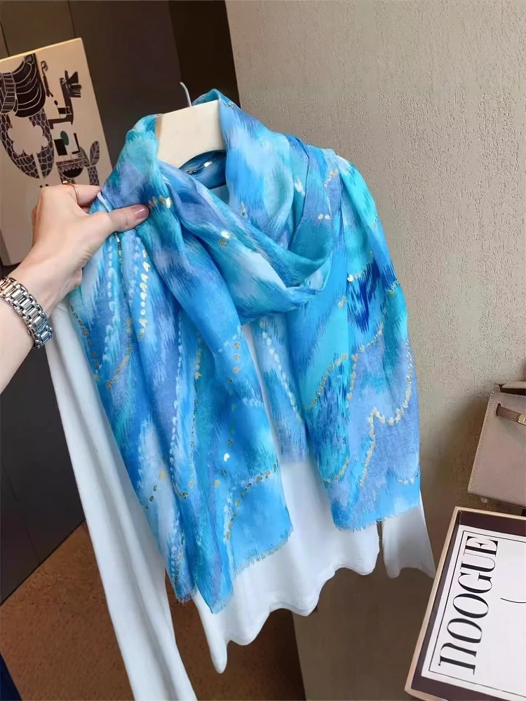 blue-gold-stamped-women's-scarf-lightweight-sunscreen-beach-towel-stylish-korean-style-summer-accessory-for-young-adults