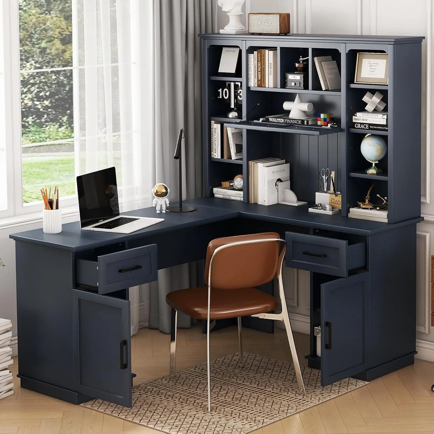 

L Shaped Desk, Computer Desk with Drawers, Bookshelf & Hutch, Modern Corner Desk, Home Office Desk, L-Shaped Study Table Writing