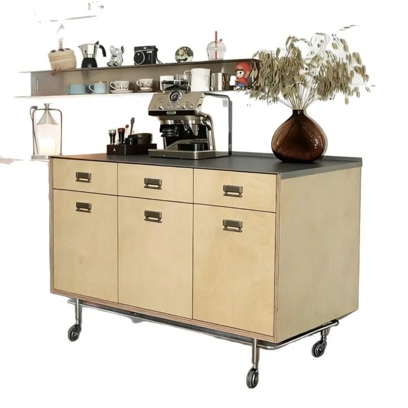Log wind ocean plate stainless steel side cabinet, multi-functional integrated coffee machine cabinet