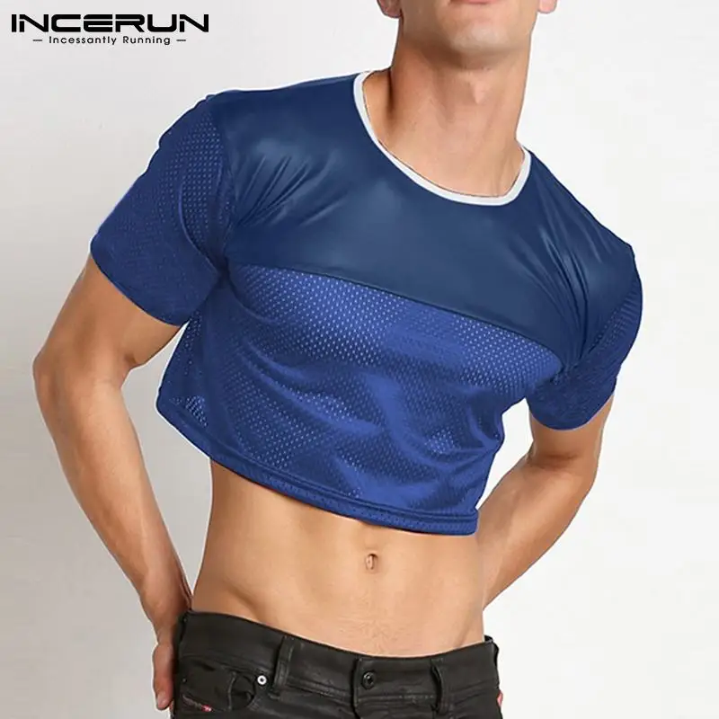 INCERUN 2024 Men Crop Tops Patchwork O-neck Short Sleeve T Shirts Streetwear See Through Sexy Party Fashion Men Clothing S-5XL