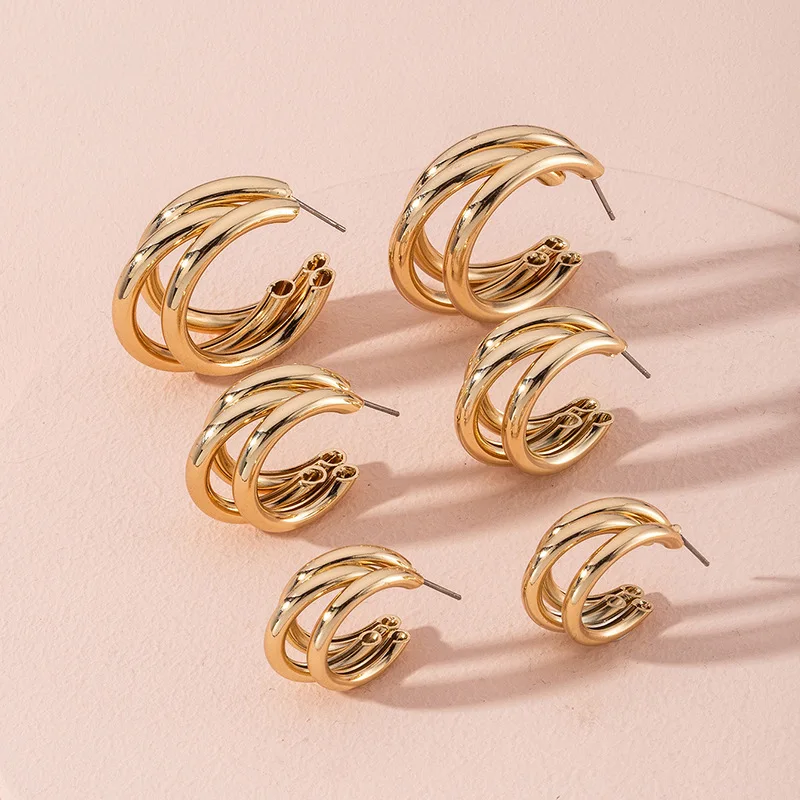 Lightweight Jewelry Wholesale 2024 Classic Fashion Gold Color Alloy Metal Bold Chunky Triple Tube Hoop Earrings for Women