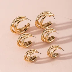 Lightweight Jewelry Wholesale 2024 Classic Fashion Gold Color Alloy Metal Bold Chunky Triple Tube Hoop Earrings for Women