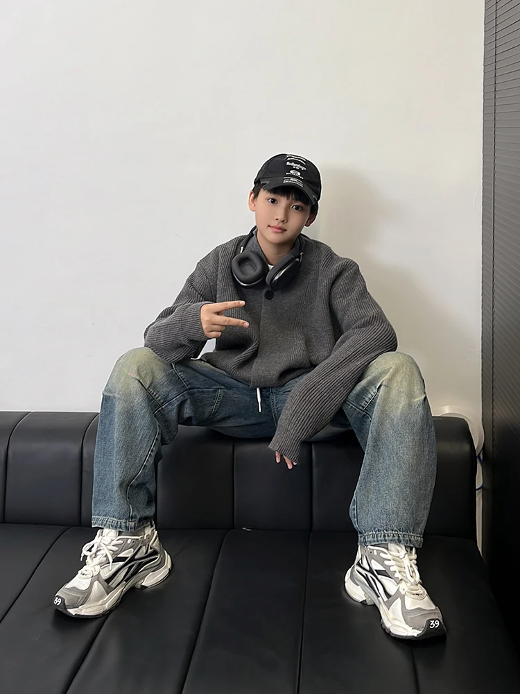 

Youth Knitted Cardigan Sweater Autumn Sle for Boys Medium to Large Children's Wear Polyester Fiber V-Ne Long Sve Warmth