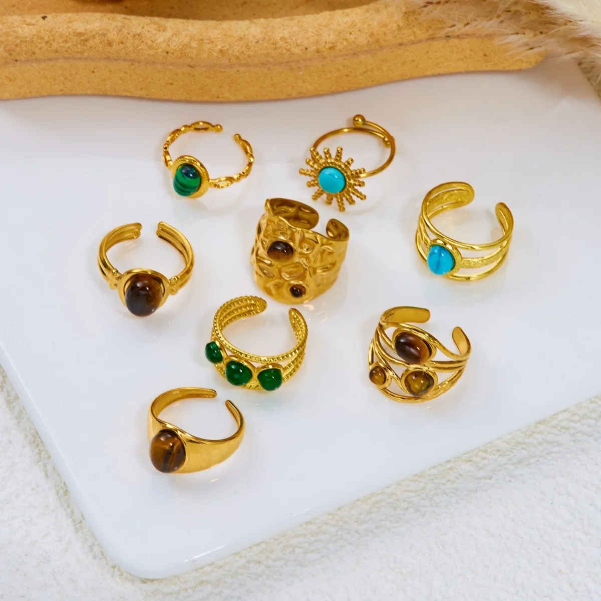 Retro-Ringe mit unregelmäßigem Lava- und Tigerauge-Stein für Damen und Herren, Edelstahl, geometrische Textur, Fingerring, ästhetischer Schmuck – Detail 5