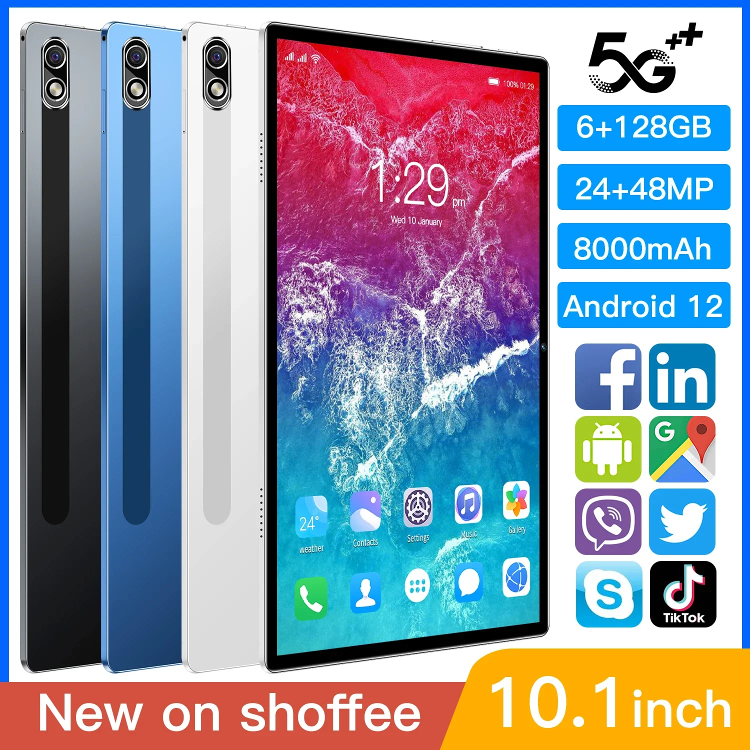 Andriod-أندرويد لوحة لوحية ، MTK 6797 عشاري النواة ، 12GB ، 512GB ، 8000mAh ، 10.1 "، عرض ، أندرويد ، كاميرا 48MP ، WPS ، 5G ، واي فاي ، عرض عالمي