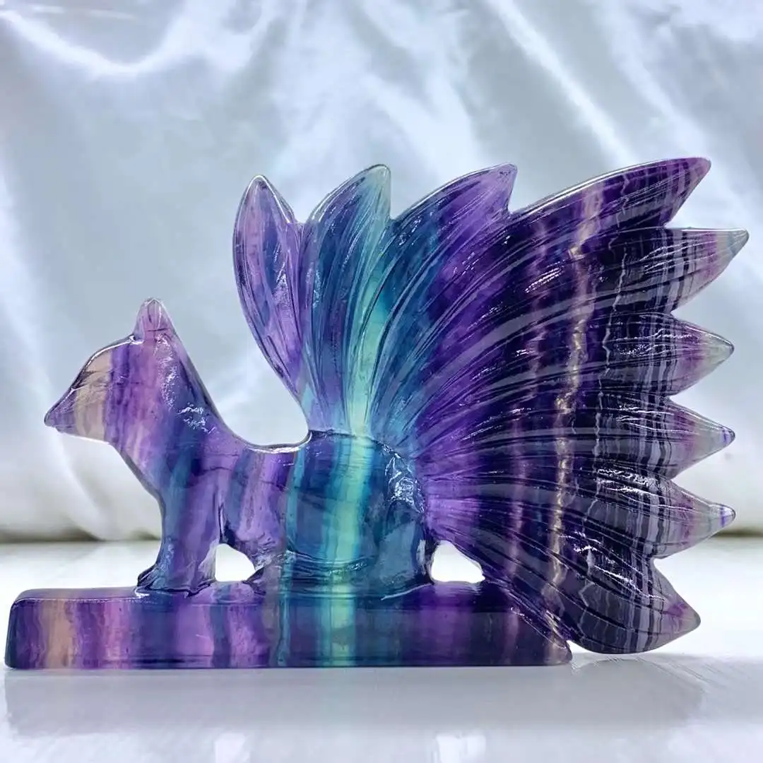 12cm Large Size Blue Purple Fluorite Natural Crystals Carved Nine-Tailed Fox Reiki Animal Statue Stone Product 2024 New Arrival