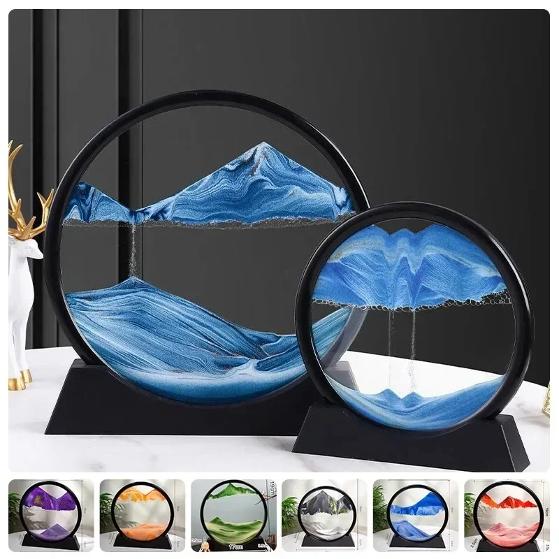 3D Moving Sand Nordic Hourglass Creative Oranment Liquid Flowing Sand Sandscape Round Quicksand Painting Office Decor Gift Home