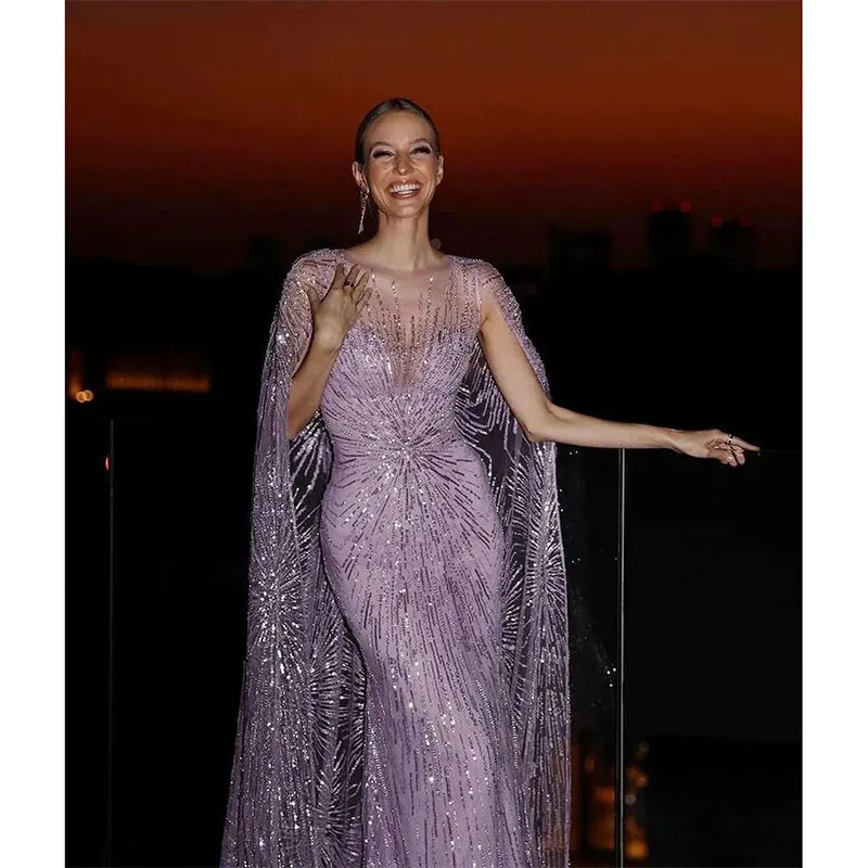 Luxury Sequined Lace Mermaid Prom Dresses Purple Formal Evening Gowns Trumpet Women Special Occasion Pageant Dress