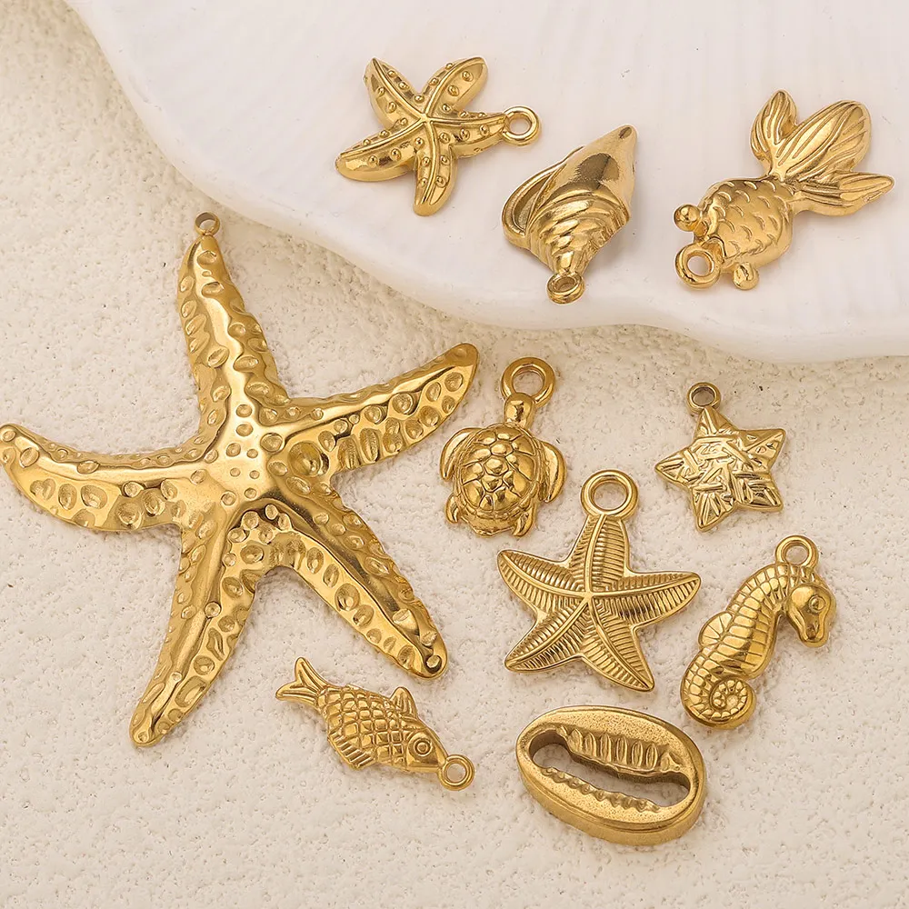 4/5pcs Stainless Steel Ocean Charm Conch Seahorse Starfish Gold-plated DIY Necklace Bracelet Jewelry Making Material Accessories image 2