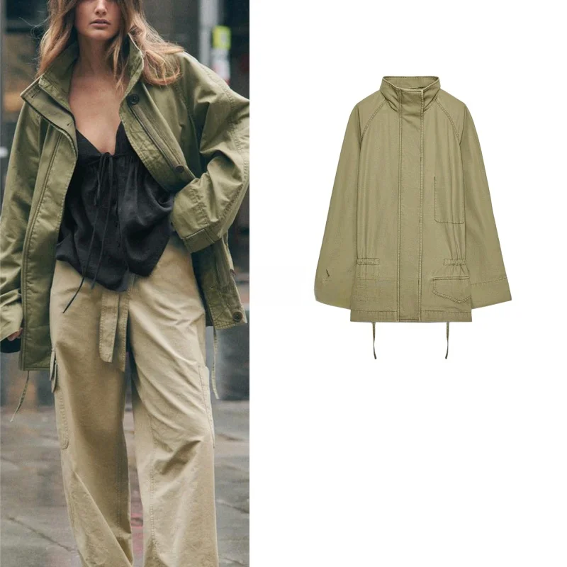 

New Autumn Women's Workwear Sle Long Sve Stand Collar Zipper Dstring ket Parka Jaet Polyester Fiber Ladies Coat